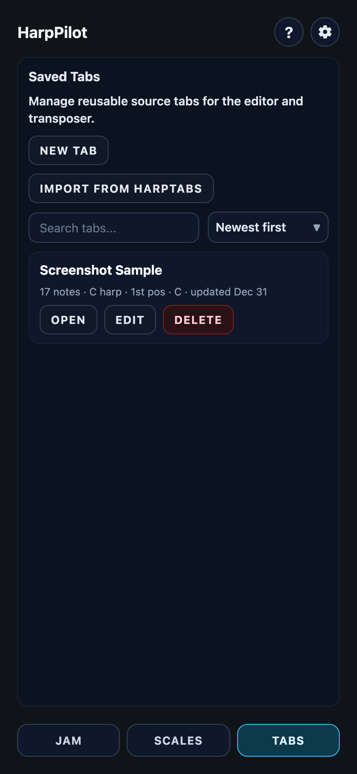 The tab library listing saved harmonica tabs.