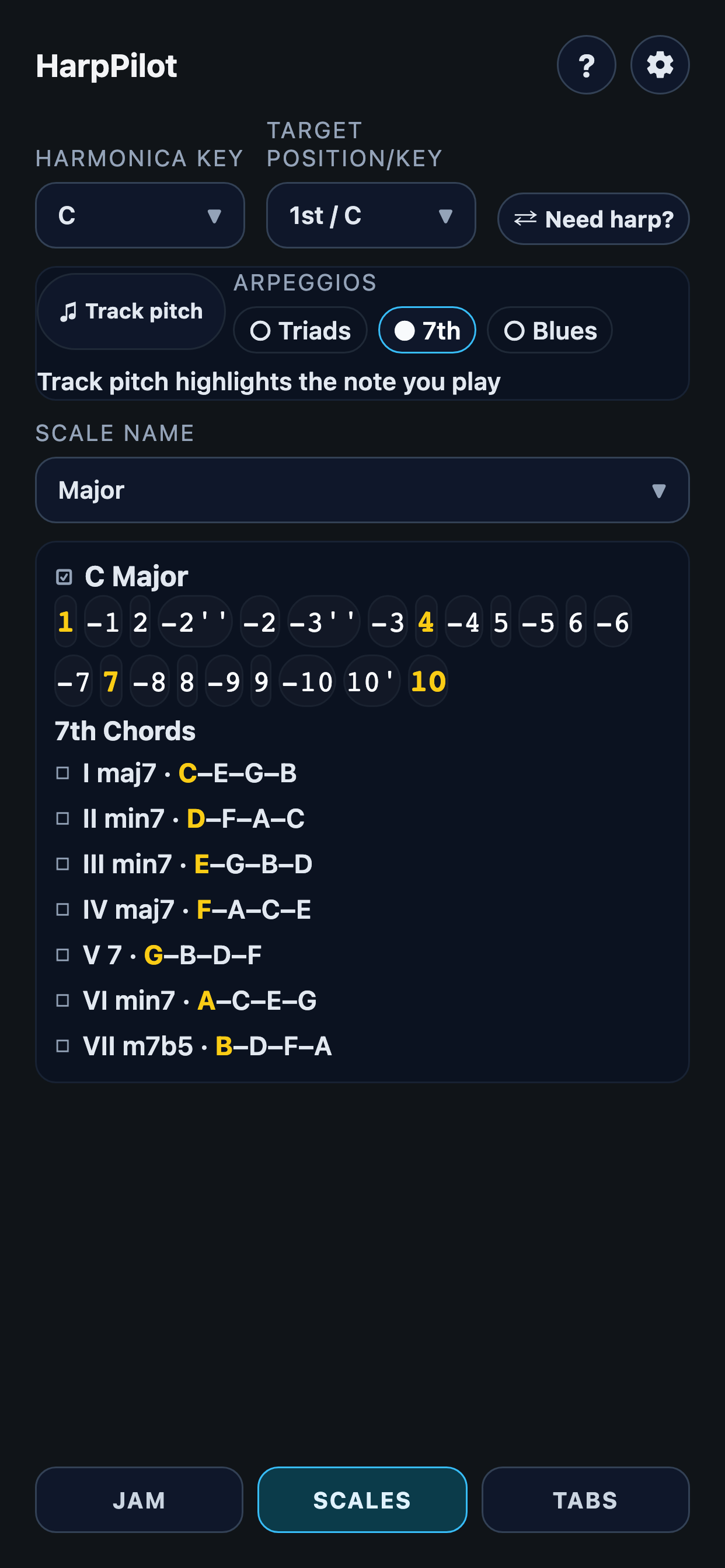 The Scales workspace showing a scale and its arpeggios laid out as harmonica tabs.